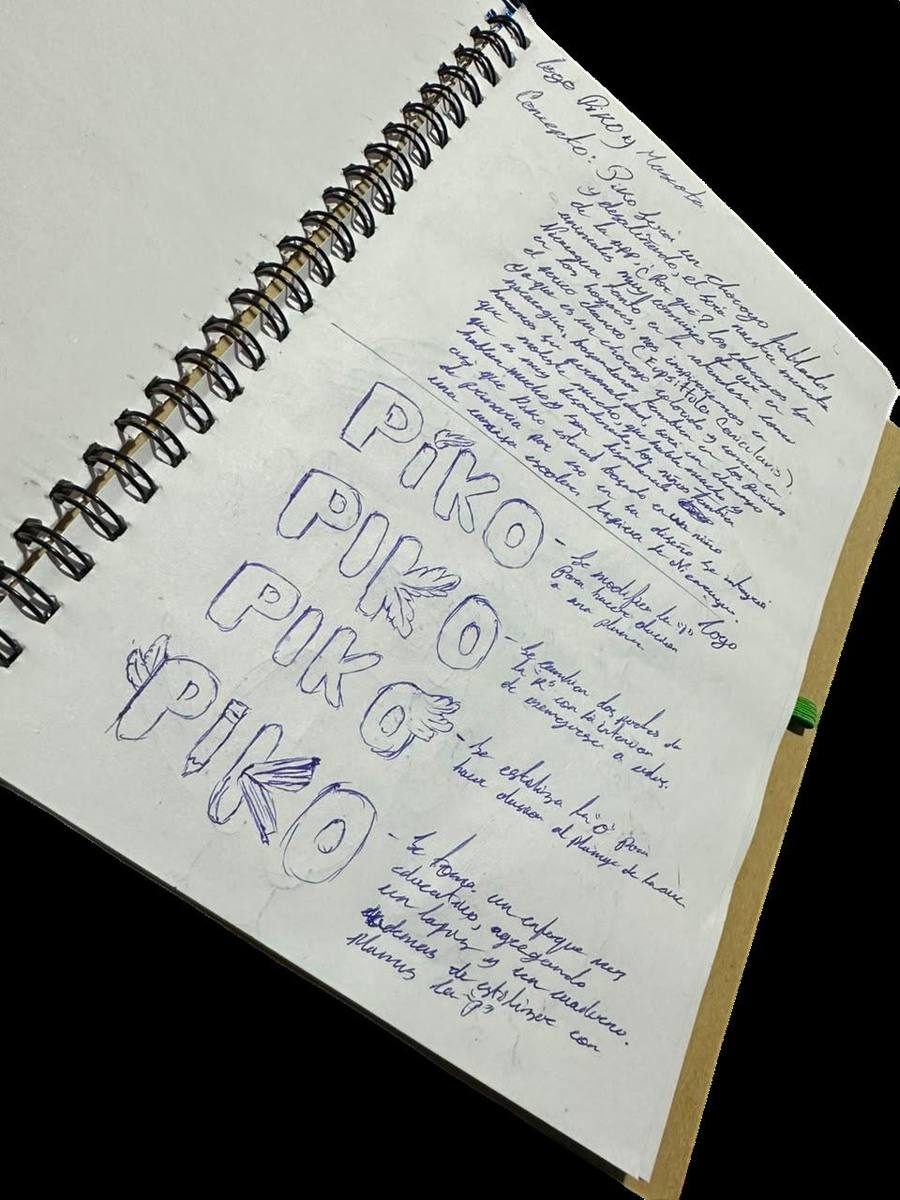 Cuaderno con bocetos a mano del logotipo de Piko.